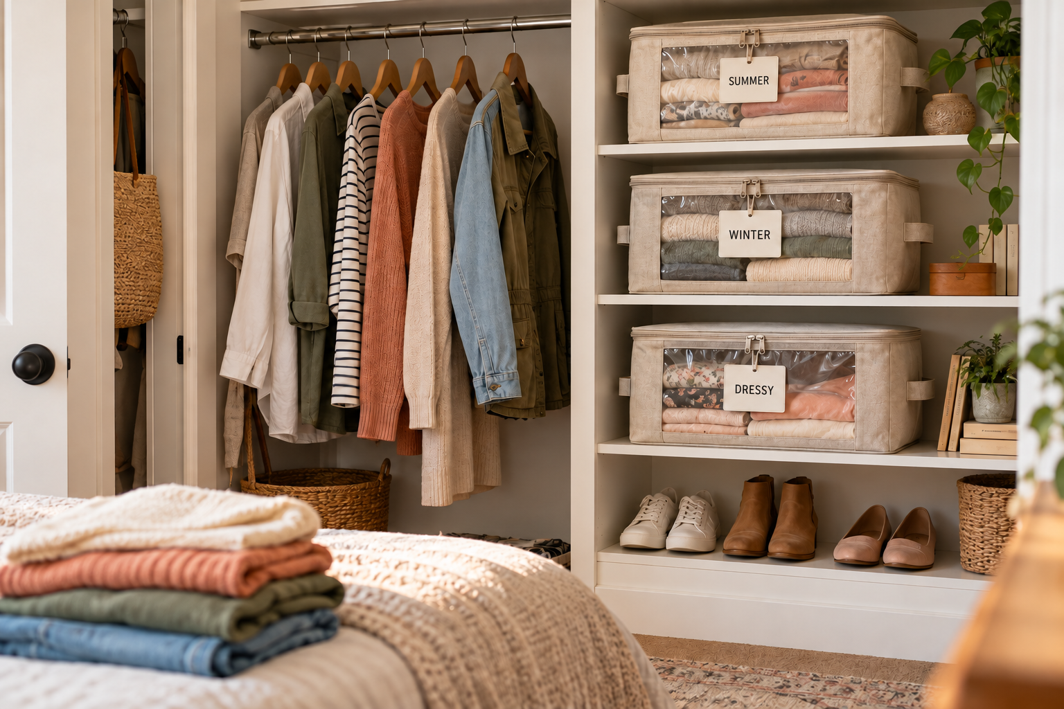 Organized closet with everyday clothes on hangers and labeled fabric bags for summer clothing, winter layers, and dressy outfits.