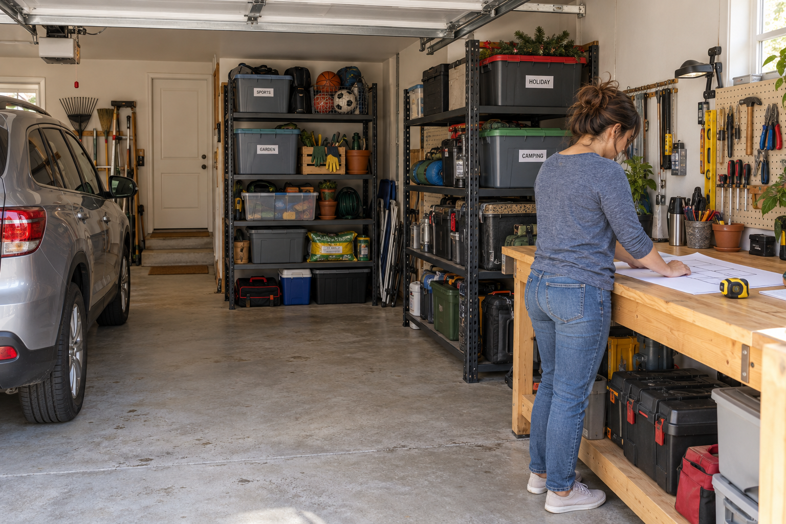 Woman planning garage activity zones at a workbench beside labeled storage shelves and a parked car, with a clear walking route.