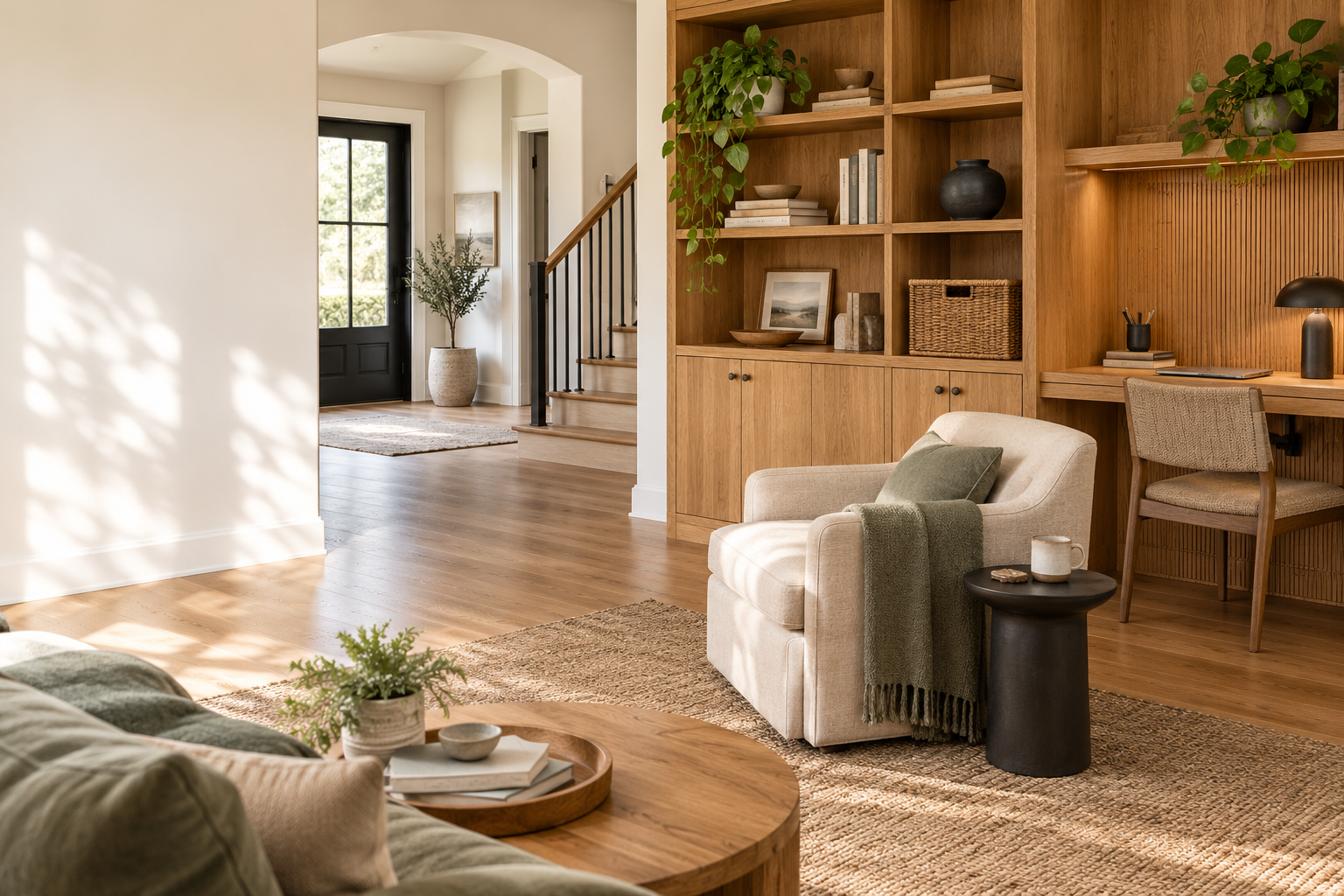 Illustrative home with useful storage, warm natural materials, and a calm living area
